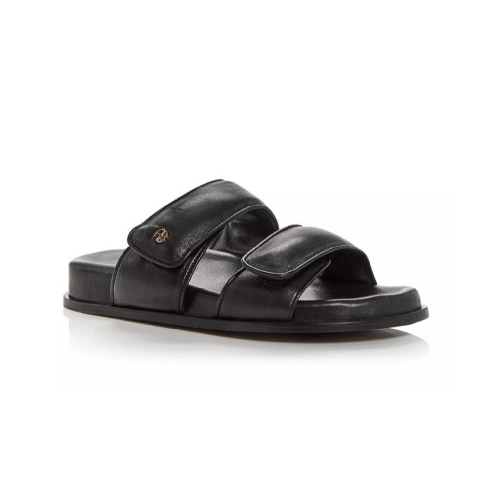 Anine Bing Sid Slide Sandals Size 37 Black Leather Puffy Designer Luxury